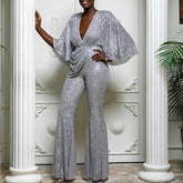 Festive Flair – Schlaghose mit Pailletten und hohem Bund – Silber